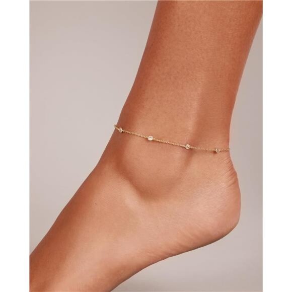 14K Gold Plated Charm Link Chain Anklets for Women | Dainty Cubic Zirconia Boho - Picture 2 of 6
